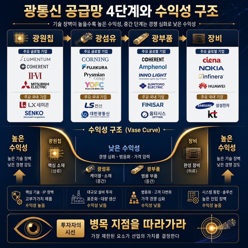 광통신 공급망 4단계와 수익성 구조를 요약한 인포그래픽. '광원칩 → 광섬유 → 광부품 → 장비' 4단계를 수평으로 나열. 각 단계 아래에 핵심 글로벌/국내 플레이어 로고를 배치. 수익성을 항아리 모양으로 시각화하여, 기술 장벽이 높은 상류(광원칩, 핵심소재)와 하류(완성 장비)의 마진이 높고, 경쟁이 치열한 중간(범용 부품, 케이블 조립)의 마진이 낮은 '항아리형 수익 구조'를 표현. 투자자의 시선 아이콘과 함께 'Follow the Bottleneck (병목 지점을 따라가라)'는 메시지를 하단에 추가.