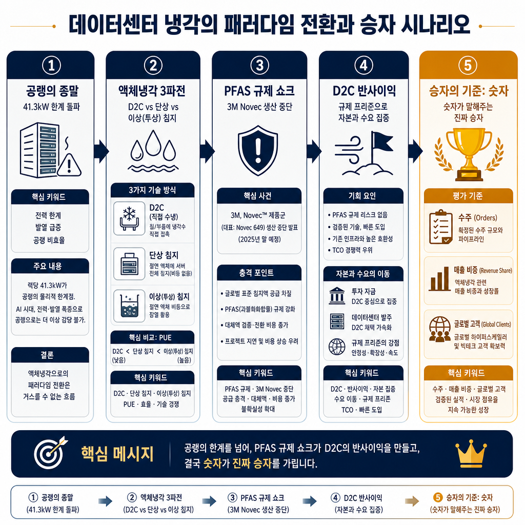 이 글 전체의 논리 흐름을 한 장으로 요약한 인포그래픽. 좌에서 우로 5단계 흐름도: ①'공랭의 종말'(41.3kW 한계 돌파) → ②'액체냉각 3파전'(D2C·단상 액침·이상 액침, PUE 비교) → ③'PFAS 규제 쇼크'(3M Novec 단종) → ④'D2C 반사이익'(규제 무풍지대로 자본·수요 집중) → ⑤'승자의 기준: 숫자'(수주·매출비중·글로벌 고객사). 각 단계를 화살표로 연결하고 핵심 키워드만 카드로 표기. 마지막 ⑤ 카드를 amber 컬러로 강조. 차트 없이 흐름도 스타일, 모든 텍스트 한글.
