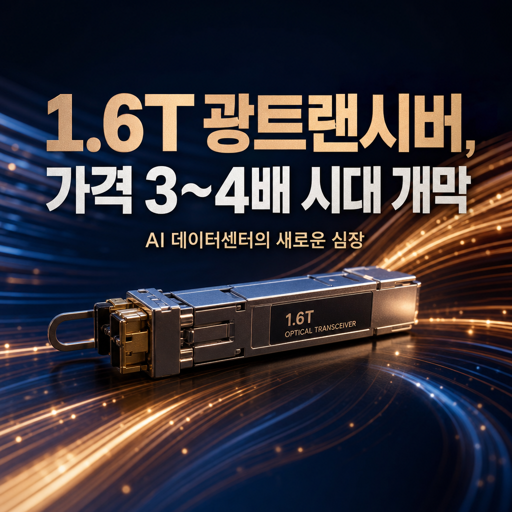 1.6T 광트랜시버 시대의 개막을 알리는 티저형 썸네일. 중앙에 네이비 색상의 굵은 타이포그래피로 '1.6T 광트랜시버, 가격 3~4배 시대 개막', 그 아래 작은 글씨로 'AI 데이터센터의 새로운 심장'. 배경에는 데이터가 흐르는 듯한 추상적인 광섬유 라인 아트를 배치. 차트나 복잡한 데이터 없이 상징적이고 강렬한 느낌으로 디자인.