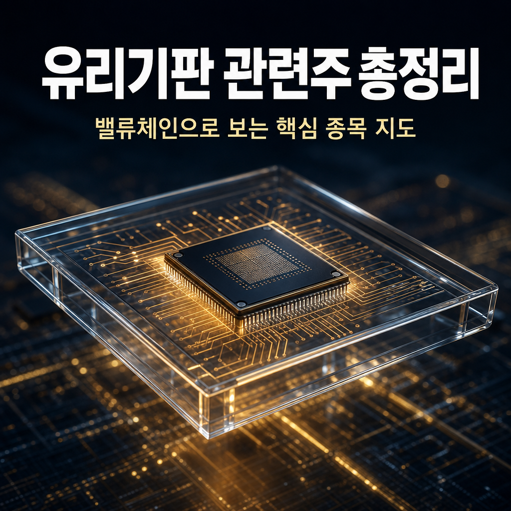 실사 매거진 표지 스타일 썸네일. 투명한 유리 반도체 기판 위에 칩이 올라가고 회로가 빛나는 시네마틱 제품 사진(navy/amber). 한글 타이틀 '유리기판 관련주 총정리'.