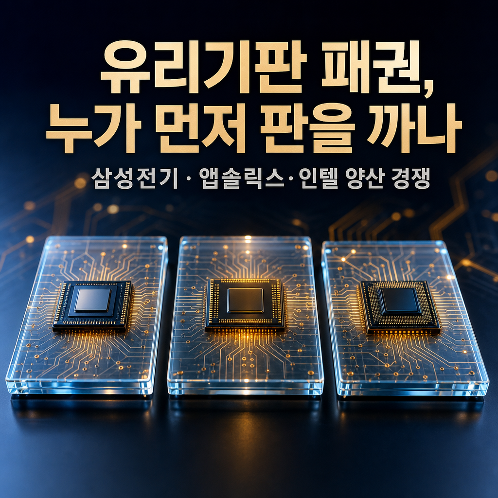 유리기판 양산 경쟁을 상징하는 실사 썸네일 - 삼성전기·앱솔릭스·인텔의 유리기판(글라스 코어) 패널 3개가 나란히 경쟁하는 구도, navy·amber 톤, 한글 타이틀 '유리기판 패권, 누가 먼저 판을 까나'.