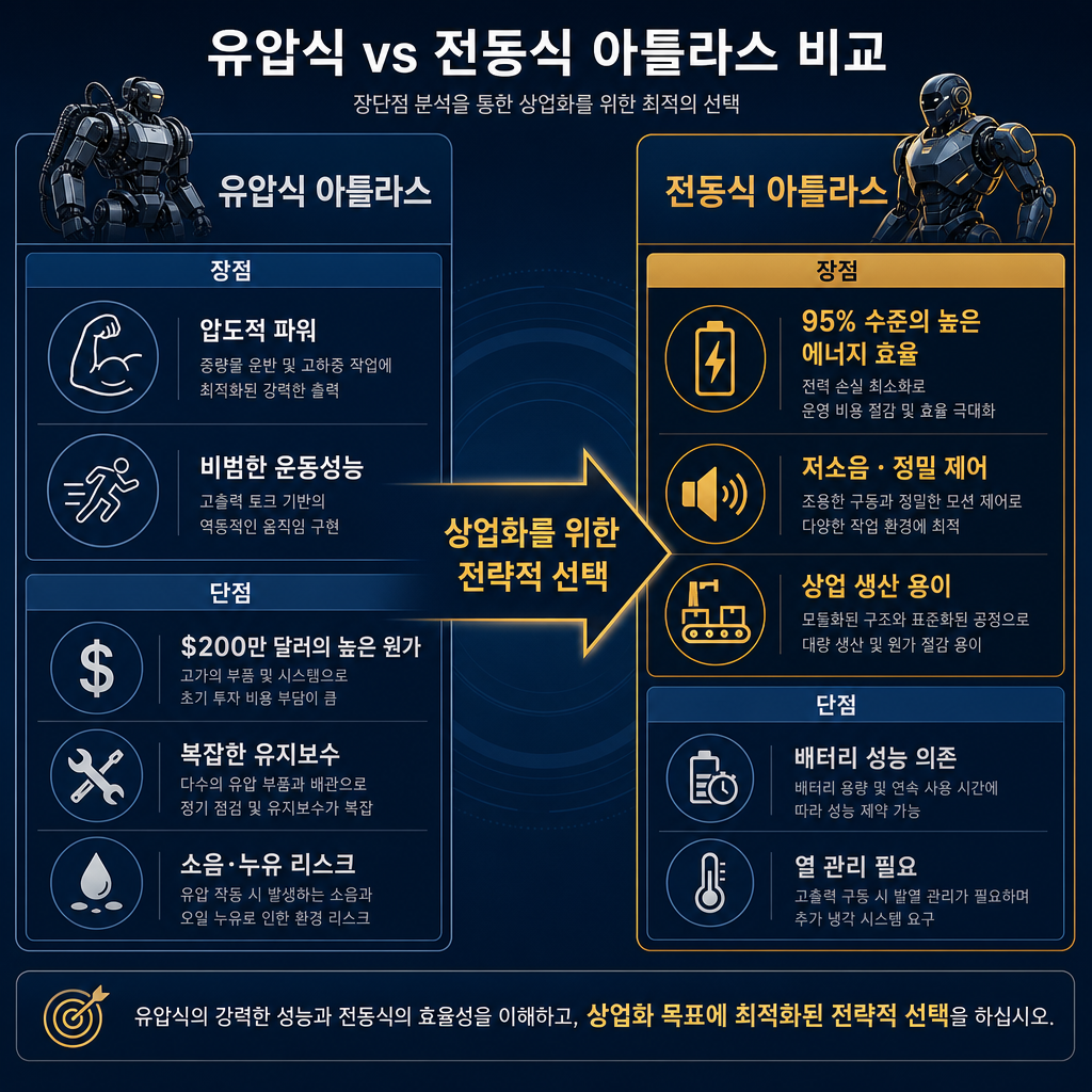 유압식과 전동식 구동 방식의 장단점을 비교하는 인포그래픽. 좌측 '유압식 아틀라스' 섹션에는 '압도적 파워', '비범한 운동성능'이라는 장점과 함께 '$200만 달러의 높은 원가', '복잡한 유지보수', '소음·누유 리스크'라는 단점을 아이콘과 함께 navy 색상으로 표시. 우측 '전동식 아틀라스' 섹션에는 '95% 수준의 높은 에너지 효율', '저소음·정밀 제어', '상업 생산 용이'라는 장점을 amber 색상으로 강조. 중앙에는 '상업화를 위한 전략적 선택'이라는 문구가 두 방식을 가로지르는 화살표 위에 표시. 모든 텍스트는 한글.