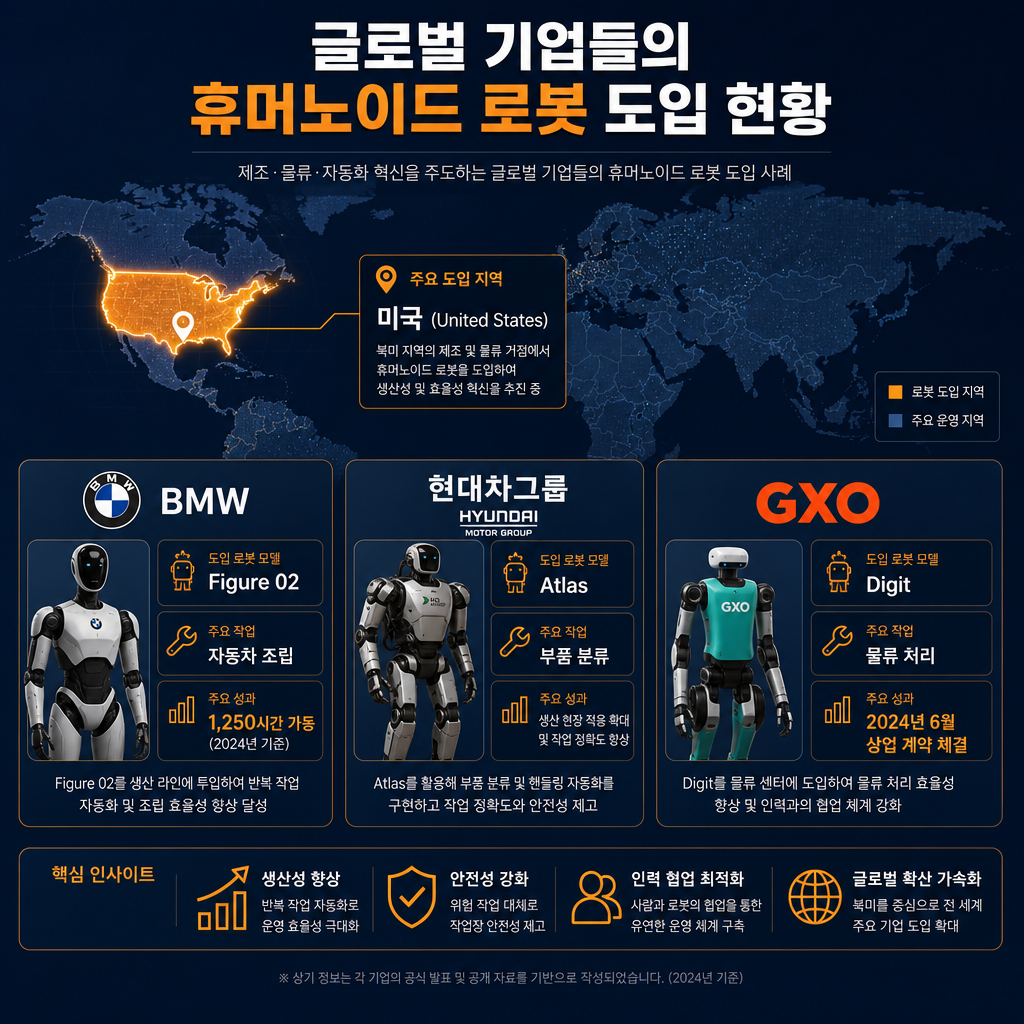 '글로벌 기업들의 휴머노이드 로봇 도입 현황'이라는 제목의 전문 인포그래픽. 세계 지도를 배경으로 주요 기업 로고(BMW, 현대차그룹, GXO)와 해당 기업이 로봇을 도입한 지역(미국)이 amber 색상으로 강조 표시. 각 기업별로 도입 로봇 모델('Figure 02', 'Atlas', 'Digit')과 주요 투입 업무(자동차 조립, 부품 분류, 물류 처리), 그리고 핵심 성과(BMW: 1,250시간 가동, GXO: 2024년 6월 상업 계약 체결)를 간결한 텍스트 박스로 요약. 전체적으로 navy와 amber 톤을 사용.