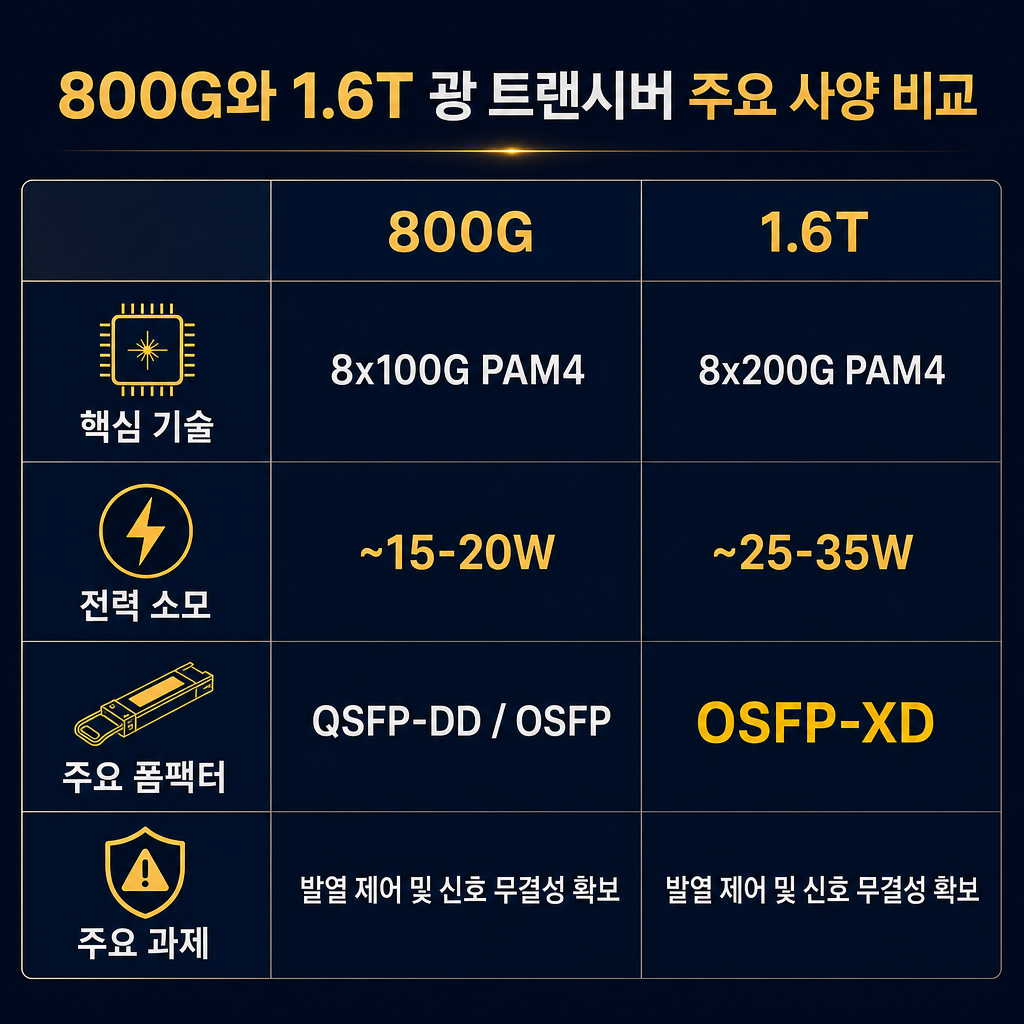 800G와 1.6T 광트랜시버의 핵심 스펙을 비교하는 인포그래픽 표. 세로로 2개 열(800G / 1.6T), 가로로 4개 행(핵심 기술, 전력 소모, 주력 폼팩터, 주요 과제). 800G 열에는 '8x100G PAM4', '~15-20W', 'QSFP-DD / OSFP'를 기입. 1.6T 열에는 '8x200G PAM4', '~25-35W', 'OSFP-XD'를 amber 색상으로 강조하여 기입. 주요 과제 행에는 '발열 제어 및 신호 무결성 확보'를 명시. 모든 텍스트는 한글, navy와 amber 컬러 사용.