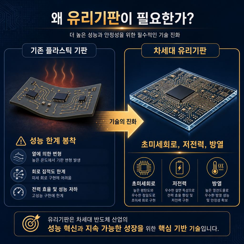 유리기판의 필요성을 보여주는 인포그래픽. 왼쪽에는 '기존 플라스틱 기판'이라는 제목 아래 열 때문에 휘어지고 회로가 듬성듬성한 기판 일러스트와 '성능 한계 봉착' 텍스트. 오른쪽에는 '차세대 유리기판'이라는 제목 아래 평탄하고 촘촘한 회로가 그려진 기판 일러스트와 '초미세회로, 저전력, 방열'이라는 키워드. 가운데 화살표로 기술의 진화 방향을 표시. 컬러는 navy + amber.