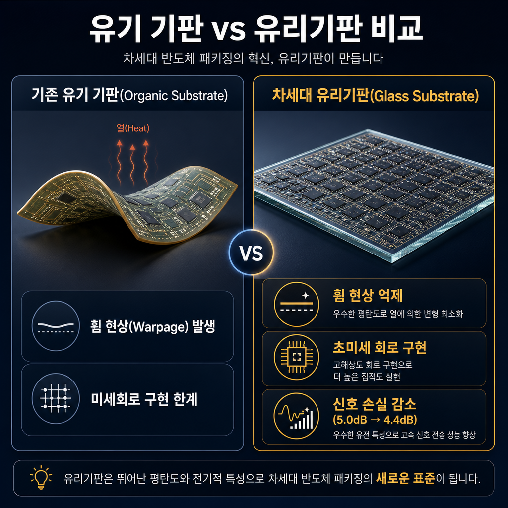 유기기판과 유리기판의 차이점을 직관적으로 비교하는 인포그래픽. 좌측에는 '기존 유기 기판(Organic Substrate)'이라는 제목 아래, 열 때문에 감자칩처럼 휘어진(Potato-chipping) 플라스틱 기판 이미지와 함께 '휨 현상(Warpage) 발생', '미세회로 구현 한계'라는 단점을 표기. 우측에는 '차세대 유리기판(Glass Substrate)'이라는 제목으로, 완벽하게 평평한 유리 기판 위에 더 많은 반도체 칩이 촘촘하게 올라간 이미지를 배치. 장점으로 '휨 현상 억제', '초미세 회로 구현', '신호 손실 감소 (5.0dB → 4.4dB)' 등을 아이콘과 함께 시각화. 전체적으로 navy와 slate gray를 사용하고, 유리기판의 장점 부분을 amber 컬러로 강조.