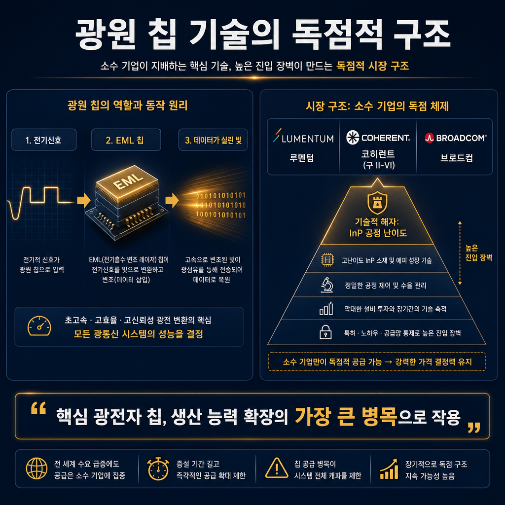 광원칩 기술 독점 구조를 보여주는 인포그래픽. 좌측에는 '광원칩의 역할'을 비유적으로 설명하는 다이어그램 (전기신호 → EML 칩 → 데이터가 실린 빛). 우측에는 주요 플레이어인 루멘텀(Lumentum), 코히런트(Coherent,구 II-VI), 브로드컴(Broadcom)의 로고를 피라미드 상단에 배치하고 '기술적 해자: InP 공정 난이도'라는 키워드를 명시. 하단에는 "핵심 광전자 칩, 생산 능력 확장의 가장 큰 병목으로 작용"이라는 인용구를 삽입. 전체 톤은 navy와 amber.