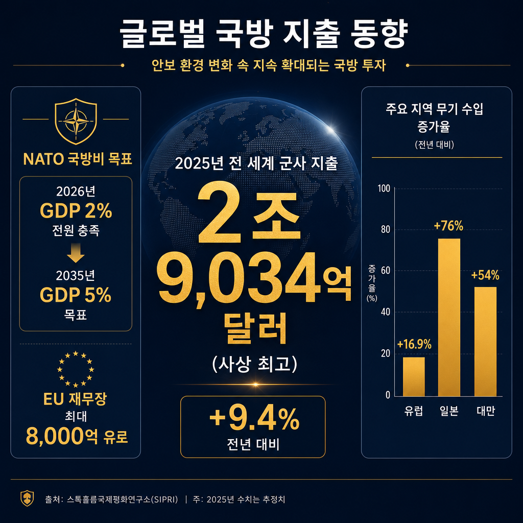 전 세계 군비 증강 추세를 보여주는 인포그래픽. '글로벌 국방비 지출 슈퍼사이클'이라는 제목. 2025년 전 세계 군사 지출이 2조 9,034억 달러에 도달했음을 보여주는 대형 숫자. NATO 회원국들의 GDP 대비 국방비 지출 목표(2% 달성, 2035년까지 5% 목표)를 시각화한 그래프. 유럽, 중동, 아시아 등 주요 지역별 국방비 증가율을 막대그래프로 비교. 모든 텍스트는 한글, 컬러는 navy와 amber 사용.