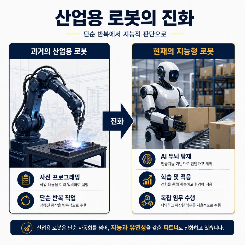 과거와 현재의 로봇을 비교하는 다이어그램. 왼쪽에는 '과거의 산업용 로봇'이라는 제목으로, 용접만 하는 단일 로봇 팔 일러스트와 '사전 프로그래밍', '단순 반복 작업' 키워드 배치. 오른쪽에는 '현재의 지능형 로봇'이라는 제목으로, 상자를 옮기는 휴머노이드 로봇 일러스트와 'AI 두뇌 탑재', '학습 및 적응', '복잡 임무 수행' 키워드 배치. 두 로봇 사이에 navy 색상의 화살표로 진화 방향을 표시. 전체 컬러는 navy와 amber.