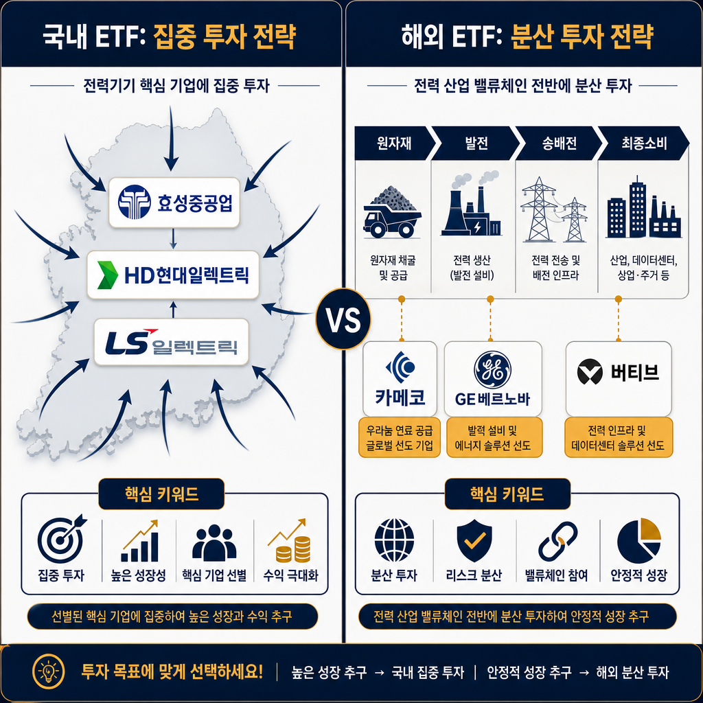두 가지 투자 전략 비교 다이어그램. 왼쪽에는 '국내 ETF: 집중 투자 전략'이라는 제목 아래, 한국 지도 위에 효성중공업, HD현대일렉트릭, LS일렉트릭 3개의 로고만 크게 표시하고, 이들을 향해 여러 개의 화살표가 집중되는 이미지. 오른쪽에는 '해외 ETF: 분산 투자 전략'이라는 제목 아래, 전력 가치 사슬(원자재-발전-송배전-최종소비)을 보여주는 도식 위에 카메코, GE베르노바, 버티브 등 여러 기업 로고를 단계별로 분산 배치한 이미지. 각 전략의 핵심 키워드를 간결하게 명시. 전체적으로 navy와 amber 컬러 사용.