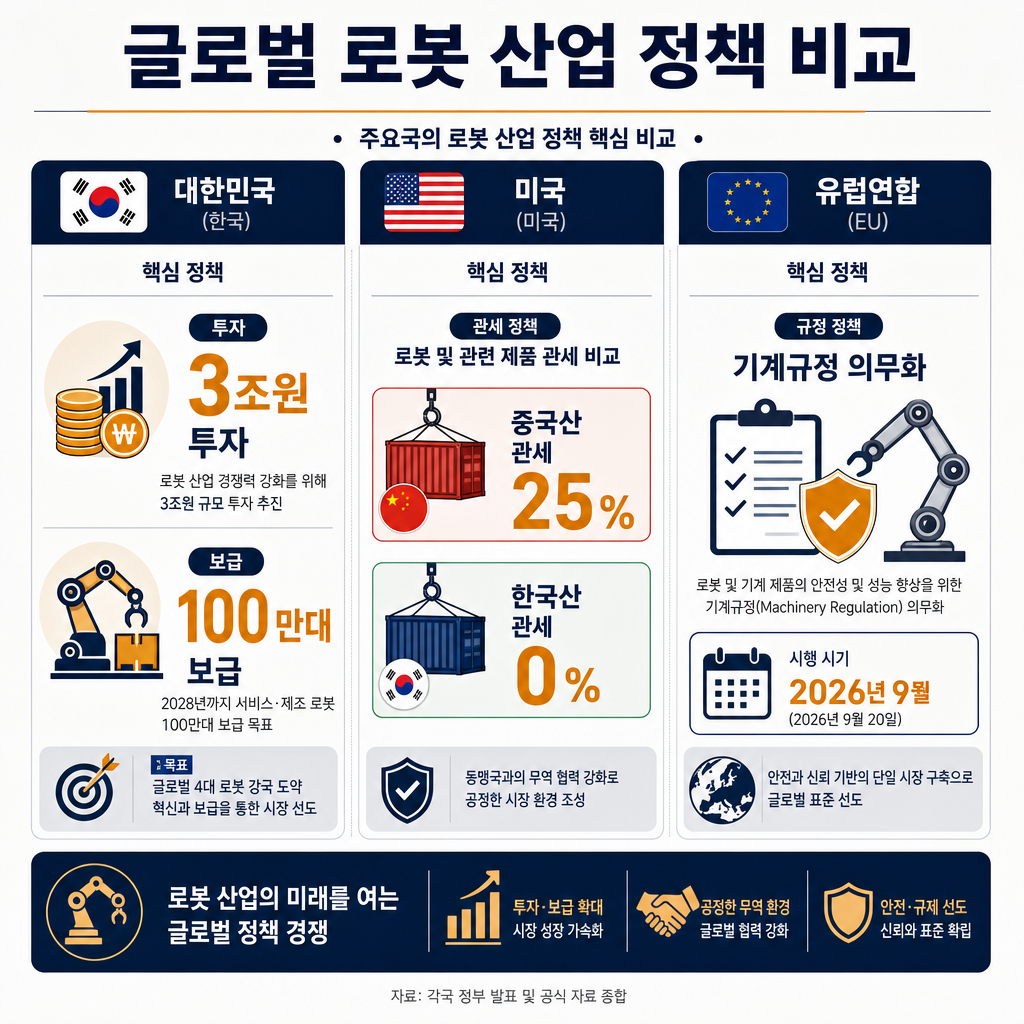 글로벌 로봇 산업 정책 비교 인포그래픽. 한국(3조원 투자, 100만대 보급), 미국(중국산 관세 25% vs 한국산 0%), EU(기계규정 의무화)의 핵심 정책 내용을 3단 비교 레이아웃으로 시각화. 각국의 국기와 핵심 수치(3조원, 25%, 2026년 9월)를 아이콘과 함께 강조. 네이비 배경, 앰버 강조색 사용.