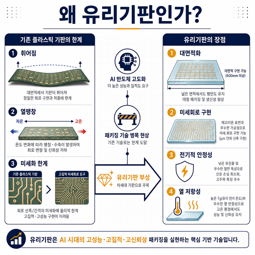 '왜 유리기판인가?'를 설명하는 인포그래픽. 좌측에는 기존 플라스틱 기판의 한계(휘어짐, 열팽창, 미세화 한계)를 보여주는 다이어그램. 우측에는 유리기판의 장점(대면적화, 미세회로 구현, 전기적 안정성, 열 저항성)을 보여주는 다이어그램. 중앙에 'AI 반도체 고도화 → 패키징 기술 병목 현상 → 유리기판 부상'이라는 인과관계를 나타내는 화살표. 모든 텍스트는 한글. 컬러는 navy/amber.