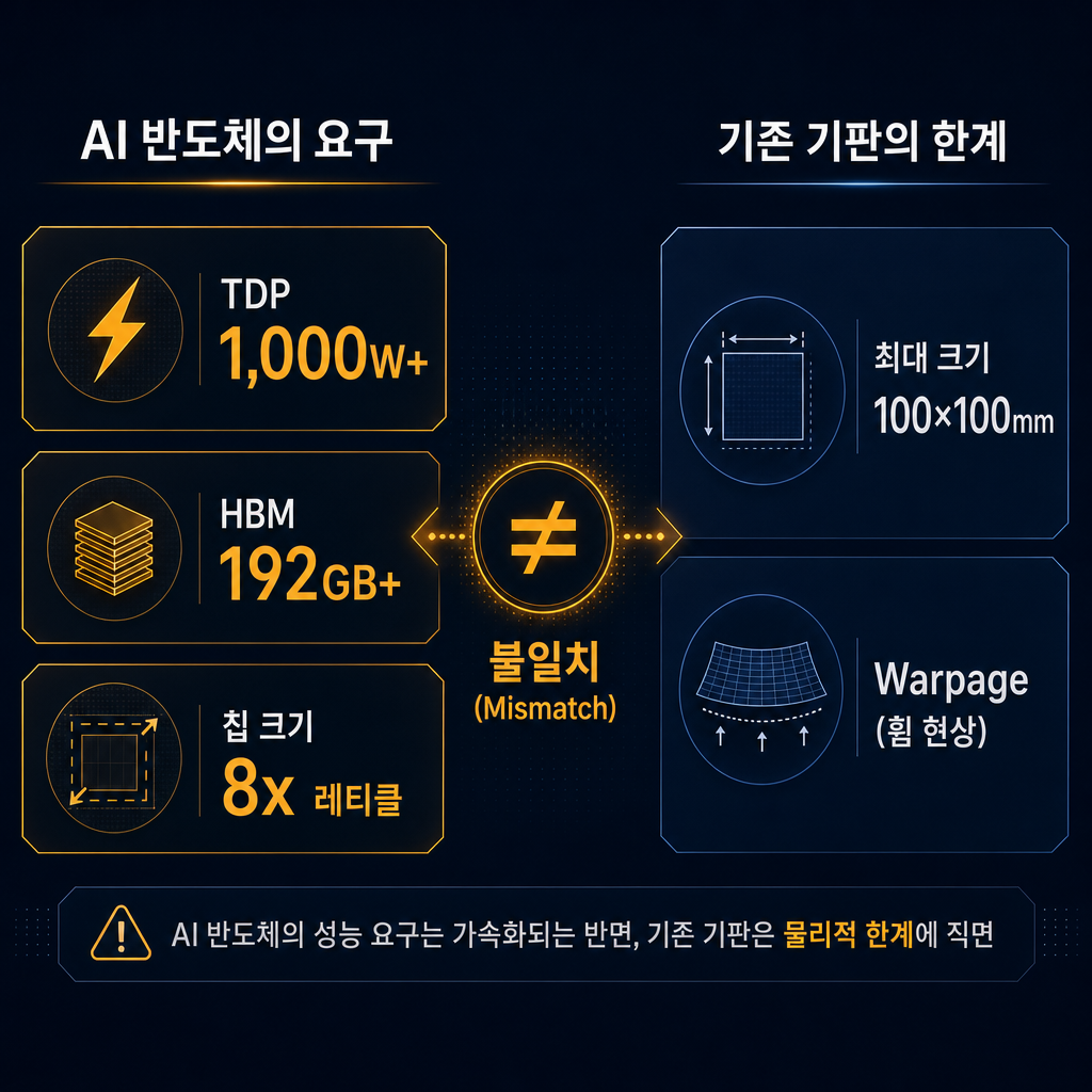 차세대 AI 반도체 요구사항과 기존 기판 한계를 비교하는 인포그래픽. 좌측 'AI 반도체의 요구' 아래 3개 수치(TDP 1,000W+, HBM 192GB+, 칩 크기 8x 레티클)를 amber로 강조. 우측 '기존 기판의 한계' 아래 '최대 크기 100×100mm', 'Warpage(휨 현상)' 키워드를 navy로 표시. 두 영역 사이에 갈라진 '불일치(Mismatch)' 아이콘. 모든 텍스트 한글.