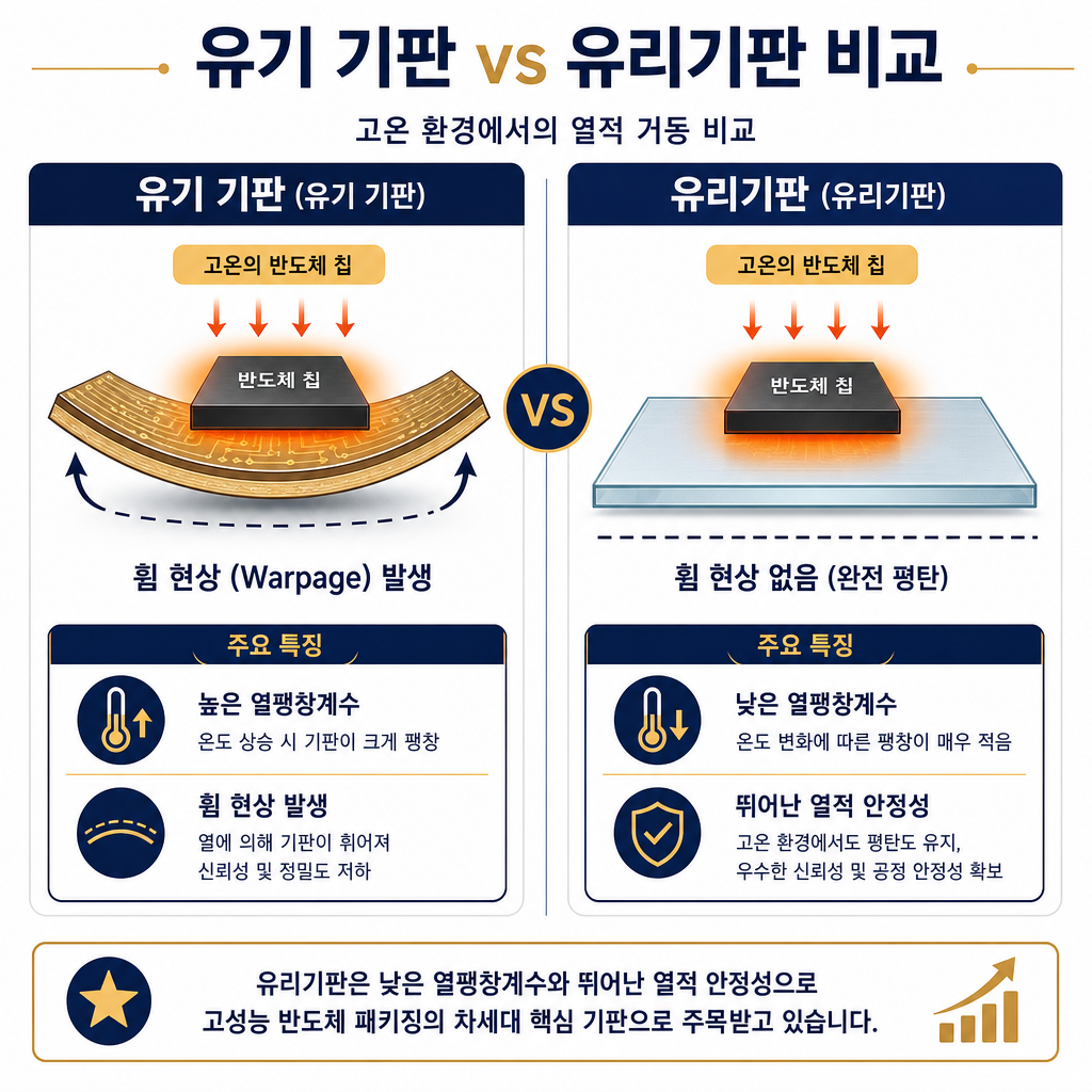 유기 기판과 유리기판의 차이를 직관적으로 비교하는 다이어그램. 왼쪽에는 '유기 기판(Organic Substrate)'이라는 제목 아래, 뜨거운 반도체 칩이 올라가자 기판이 감자칩처럼 휘어지는(Warpage) 모습이 과장되게 그려져 있음. 오른쪽에는 '유리기판(Glass Substrate)'이라는 제목으로, 동일하게 뜨거운 칩이 올라가도 전혀 휘어짐 없이 평탄함을 유지하는 모습이 그려져 있음. 각 기판 아래에 핵심 특징을 키워드로 요약. 유기 기판: '높은 열팽창계수, 휨 현상 발생'. 유리기판: '낮은 열팽창계수, 뛰어난 열적 안정성'.