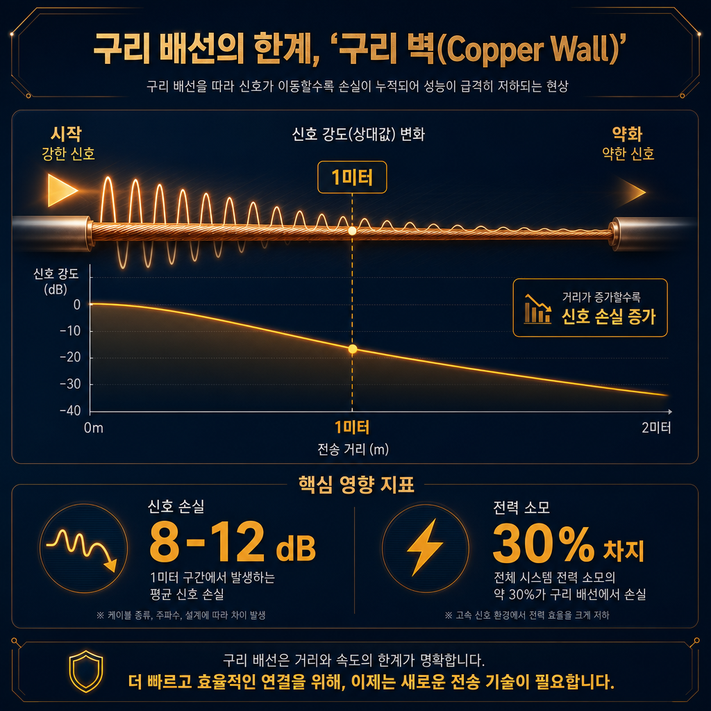 '구리의 벽(Copper Wall)'을 시각화한 인포그래픽. 왼쪽에서 출발한 강한 전기 신호(그래프 형태)가 오른쪽으로 갈수록 급격히 약해지는 모습을 보여주는 구리선 다이어그램. 중간에 '1미터' 지점을 표시하고, '신호 손실 8-12dB', '전력 소모 30% 차지'와 같은 핵심 수치를 amber 컬러로 강조. 배경은 navy 컬러. 모든 라벨 한글.
