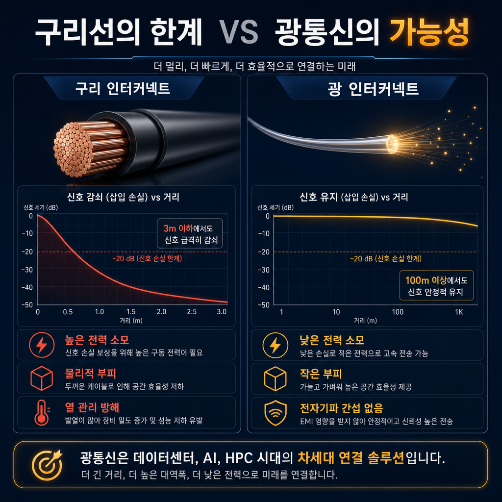 '구리선의 한계 vs 광통신의 가능성'을 비교하는 인포그래픽. 좌측 '구리 인터커넥트' 영역에는 두꺼운 구리 케이블이 짧은 거리(3m 미만)에서 신호가 급격히 약해지는 그래프(신호 감쇠)와 함께 '높은 전력 소모', '물리적 부피', '열 관리 방해' 키워드를 아이콘과 함께 표시. 우측 '광 인터커넥트' 영역에는 가느다란 광섬유 한 가닥이 장거리(100m 이상)에서도 신호가 거의 그대로 유지되는 그래프를 보여주며 '낮은 전력 소모', '작은 부피', '전자기파 간섭 없음' 키워드를 배치. 전체적으로 navy와 slate gray를 사용하고 광섬유의 빛과 '가능성' 키워드에 amber 색상으로 강조.