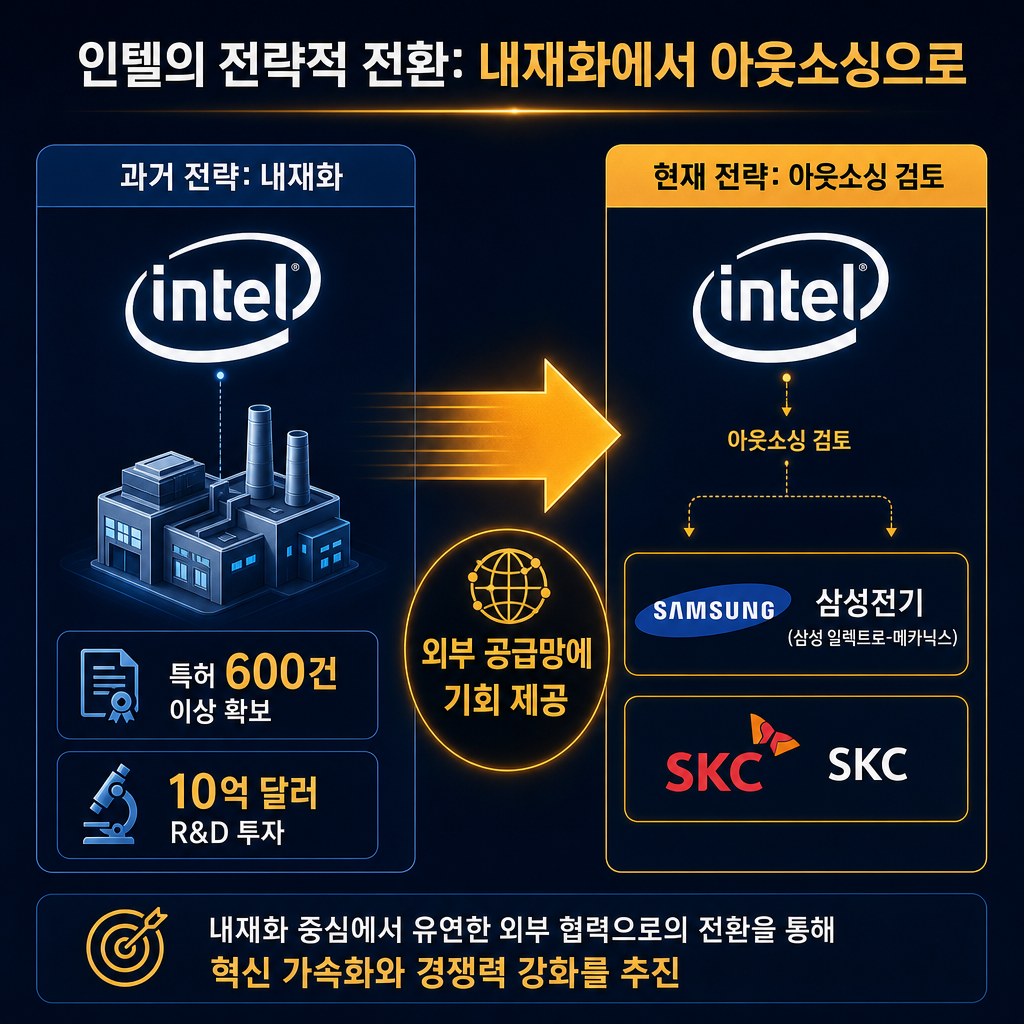 인텔의 전략 변화를 보여주는 다이어그램. 왼쪽에는 '과거 전략: 내재화'라는 제목 아래, 인텔 로고와 공장 아이콘, 그리고 '특허 600건 이상 확보', '10억 달러 R&D 투자' 라는 텍스트를 배치. 오른쪽에는 '현재 전략: 아웃소싱 검토'라는 제목 아래, 인텔 로고에서 화살표가 나와 삼성전기, SKC 등 외부 기판 제조사 로고로 향하는 모습을 시각화. 이 변화가 '외부 공급망에 기회 제공'이라는 시사점으로 이어진다는 것을 amber 컬러 화살표로 강조.