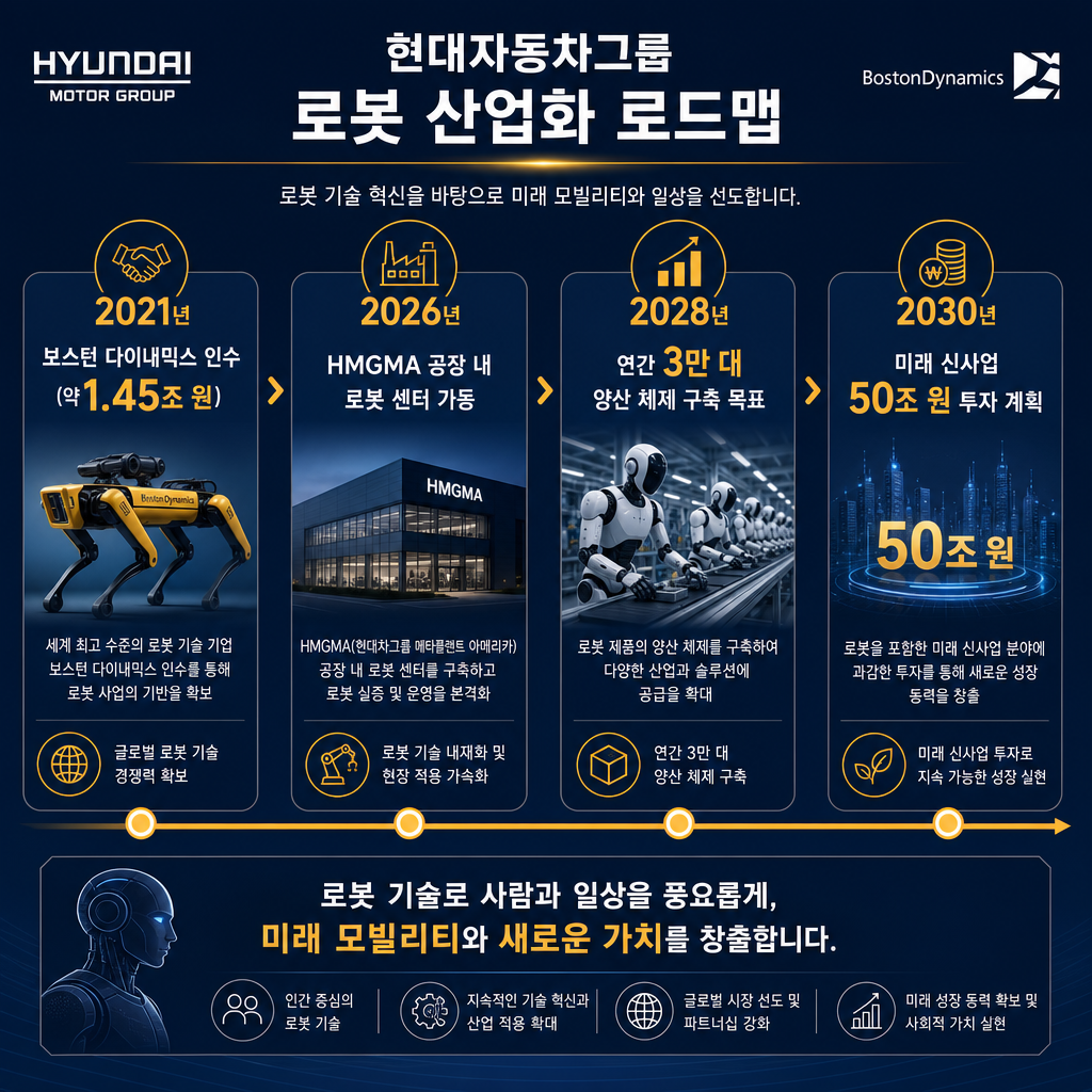 현대차그룹의 로보틱스 산업화 로드맵을 시각화한 타임라인 인포그래픽. '2021년: 보스턴 다이내믹스 인수 (약 1.45조 원)' → '2026년: HMGMA 공장 내 로봇 센터 가동' → '2028년: 연간 3만 대 양산 체제 구축 목표' → '2030년: 미래 신사업 50조 원 투자 계획' 순으로 주요 마일스톤을 시간순으로 배열. 각 단계마다 핵심 수치를 amber 색상으로 강조. 현대차그룹과 보스턴 다이내믹스 로고 포함. 모든 텍스트는 한글.