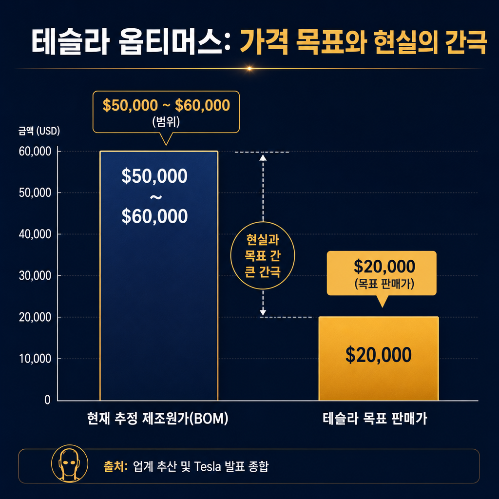 '테슬라 옵티머스: 가격 목표와 현실의 간극'이라는 제목의 비교 차트. 왼쪽에 '현재 추정 제조원가(BOM)'라는 레이블과 함께 $50,000~$60,000를 나타내는 높은 네이비색 막대그래프. 오른쪽에는 '테슬라 목표 판매가'라는 레이블과 함께 $20,000를 나타내는 훨씬 낮은 앰버색 막대그래프. 두 막대그래프의 격차를 시각적으로 극명하게 보여주며, 하단에 '출처: 업계 추산 및 Tesla 발표 종합'이라는 문구를 작게 표기. 디자인은 깔끔하고 직관적인 데이터 시각화 스타일.