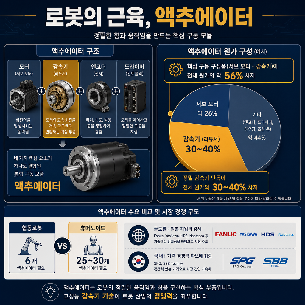 로봇 관절 구동부(액추에이터) 구조와 원가 인포그래픽. 제목: '로봇의 근육, 액추에이터'. 좌측에는 액추에이터를 분해한 구조도: 모터 + 감속기 + 엔코더(센서) + 드라이버(제어기)가 하나의 모듈로 결합된 모습을 그리고, 그중 '감속기'를 amber 컬러로 강조. 우측에는 막대/파이로 '구동 핵심부품(서보모터+감속기) 약 56%' 중 '정밀 감속기 단독 30~40%'를 함께 표시해 액추에이터 안에서 감속기가 차지하는 비중을 보여줌. 하단에는 '협동로봇 6개 vs 휴머노이드 25~30개 액추에이터 필요'와 '글로벌: 일본 과점(화낙·야스카와·HDS·나브테스코) vs 국내: 가격 경쟁력 추격(에스피지·에스비비테크)' 비교 텍스트 박스 포함. 모든 텍스트·라벨 한글.