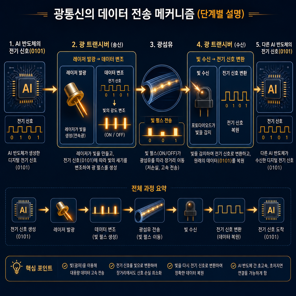 광통신의 데이터 전송 원리를 단계별로 보여주는 다이어그램. '1. AI 반도체의 전기 신호(0101)'에서 시작해 화살표가 '2. 광 트랜시버 (송신)'로 이어짐. 트랜시버 내부에서 '레이저 발광 → 데이터 변조' 과정을 거쳐 빛의 펄스(on/off)로 바뀜. '3. 광섬유'를 통해 이 빛 펄스가 이동하는 모습을 보여주고, '4. 광 트랜시버 (수신)'에서 '빛 수신 → 전기 신호 변환' 과정을 거쳐 다시 '5. 다른 AI 반도체의 전기 신호(0101)'로 도착하는 흐름을 시각화. 각 단계에 간결한 한글 설명 첨부.