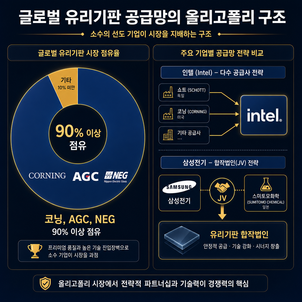 글로벌 원판 유리 공급망 과점 구조를 보여주는 도넛 차트. 차트의 90% 이상을 차지하는 거대한 조각에 '코닝, AGC, NEG' 로고를 넣고 '90% 이상 점유'라고 표기. 나머지 작은 조각은 '기타'로 표시. 차트 옆에는 인텔과 삼성전기의 공급망 전략을 비교하는 다이어그램. 인텔 쪽에는 여러 공급사(쇼트, 코닝)로부터 화살표가 들어오는 모습, 삼성전기 쪽에는 스미토모화학과 JV(합작법인)를 설립하는 모습을 아이콘으로 시각화.