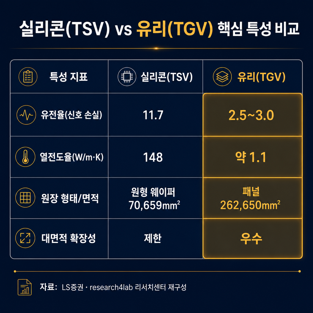 실리콘 인터포저(TSV)와 유리기판(TGV)의 핵심 특성을 비교하는 데이터 테이블. 3열 '특성 지표 / 실리콘(TSV) / 유리(TGV)'. 행: '유전율(신호 손실)' 11.7 vs 2.5~3.0, '열전도율(W/m·K)' 148 vs 약 1.1, '원장 형태/면적' 원형 웨이퍼 70,659mm² vs 패널 262,650mm², '대면적 확장성' 제한 vs 우수. 유리 쪽 우위 셀은 amber 강조. 하단에 '자료: LS증권·research4lab 리서치센터 재구성' 문구.