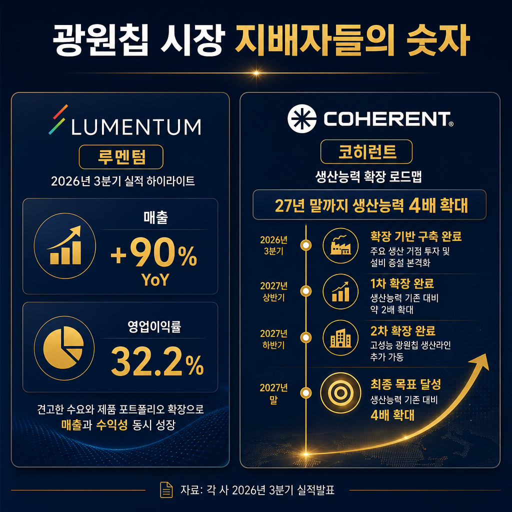 광원칩 기업들의 실적 및 증설 계획 비교 차트. 제목 '광원칩 시장 지배자들의 숫자'. 좌측에는 루멘텀의 2026년 3분기 실적 하이라이트(매출 +90% YoY, 영업이익률 32.2%)를 navy 배경의 카드 형태로 제시. 우측에는 코히런트의 증설 로드맵('27년 말까지 생산능력 4배 확대)을 타임라인 다이어그램으로 시각화. 차트 하단에 '자료: 각 사 2026년 3분기 실적발표' 출처 명시.