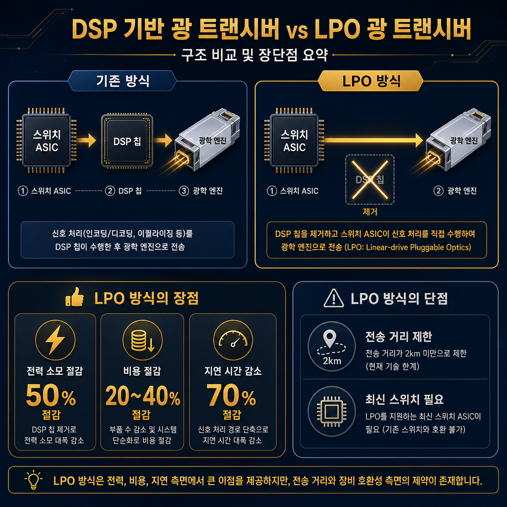 DSP 기반 광트랜시버와 LPO 광트랜시버의 구조를 비교하는 다이어그램. 왼쪽에는 '기존 방식' 박스를 두고 스위치 ASIC → DSP 칩 → 광학 엔진 순으로 데이터 흐름을 표시. 오른쪽에는 'LPO 방식' 박스를 두고 스위치 ASIC → 광학 엔진으로 바로 연결되는 흐름을 보여줌. DSP 칩이 제거되었음을 X 표시로 강조. 아래에는 LPO의 장점(전력 50%↓, 비용 20~40%↓, 지연시간 70%↓)과 단점(전송거리 2km 미만, 최신 스위치 필수)을 아이콘과 함께 요약. amber 색상으로 장점 수치를 강조.