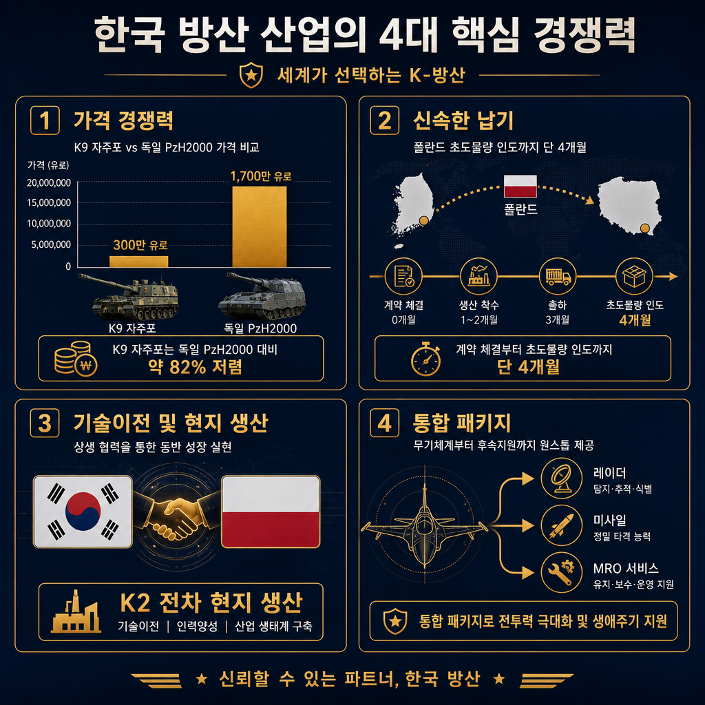 K-방산의 4대 핵심 경쟁력을 시각화한 인포그래픽. 4개의 분할된 섹션으로 구성. (1) 가격 경쟁력: K9 자주포와 독일 PzH2000의 가격(300만 유로 vs 1,700만 유로)을 막대그래프로 비교. (2) 신속한 납기: 폴란드에 4개월 만에 초도물량 인도를 타임라인으로 표현. (3) 기술이전/현지생산: 한국과 폴란드 국기가 악수하는 아이콘과 함께 'K2 전차 현지 생산' 텍스트 표기. (4) 통합 패키지: 전투기 아이콘에서 레이더, 미사일, MRO 서비스 아이콘으로 화살표가 뻗어나가는 다이어그램. 전체적으로 navy/amber 컬러 사용.
