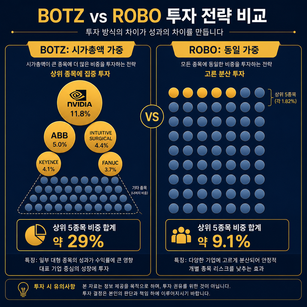 BOTZ와 ROBO의 투자 전략을 비교하는 인포그래픽. 좌측 'BOTZ: 시가총액 가중' 섹션에는 크기가 다른 원 여러 개를 피라미드처럼 배치하여 상위 소수 기업(NVIDIA 등)이 큰 비중을 차지함을 시각화. 우측 'ROBO: 동일 가중' 섹션에는 크기가 동일한 작은 원 여러 개를 격자 형태로 나열하여 분산 투자를 표현. 각 ETF의 상위 5종목 비중 합계(BOTZ: 약 29%, ROBO: 9.1%)를 명확히 표기. 색상은 네이비와 앰버 조합 사용.