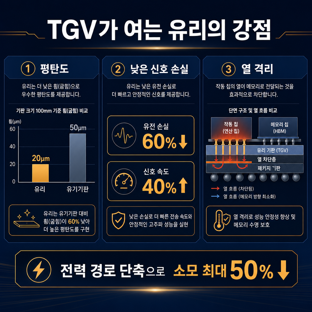 유리기판의 3대 장점을 시각화한 인포그래픽. 'TGV가 여는 유리의 강점'이라는 제목 아래 3개 섹션을 가로로 배치. (1) 평탄도: 유리 20μm vs 유기기판 50μm 휨 비교 막대. (2) 낮은 신호 손실: 유전 손실 60%↓, 신호 속도 40%↑를 amber로 강조. (3) 열 격리: 연산 칩 열이 메모리로 번지지 못하게 막는 단면 도식. 하단에 '전력 경로 단축으로 소모 최대 50%↓' 콜아웃. 모든 텍스트 한글.
