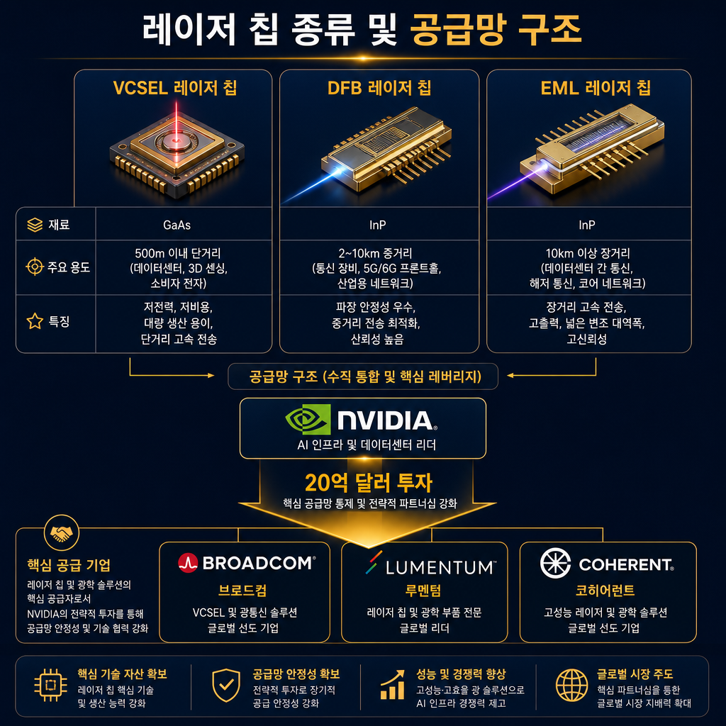 광원(레이저 칩)의 종류와 공급망 구조를 보여주는 인포그래픽. 상단에는 VCSEL, DFB, EML 레이저 칩의 이미지를 나란히 배치하고, 각 칩 아래에 '재료(예: GaAs, InP)', '주요 용도(예: 500m 이내 단거리)', '특징(예: 저전력, 장거리 고속)'을 표 형태로 간결하게 정리. 하단에는 '핵심 공급 기업' 섹션을 만들어 Broadcom, Lumentum, Coherent 로고를 보여주고, Nvidia 로고에서 이들 기업으로 향하는 '20억 달러 투자' 화살표를 amber 색상으로 강조하여 공급망 통제 구조를 시각화.