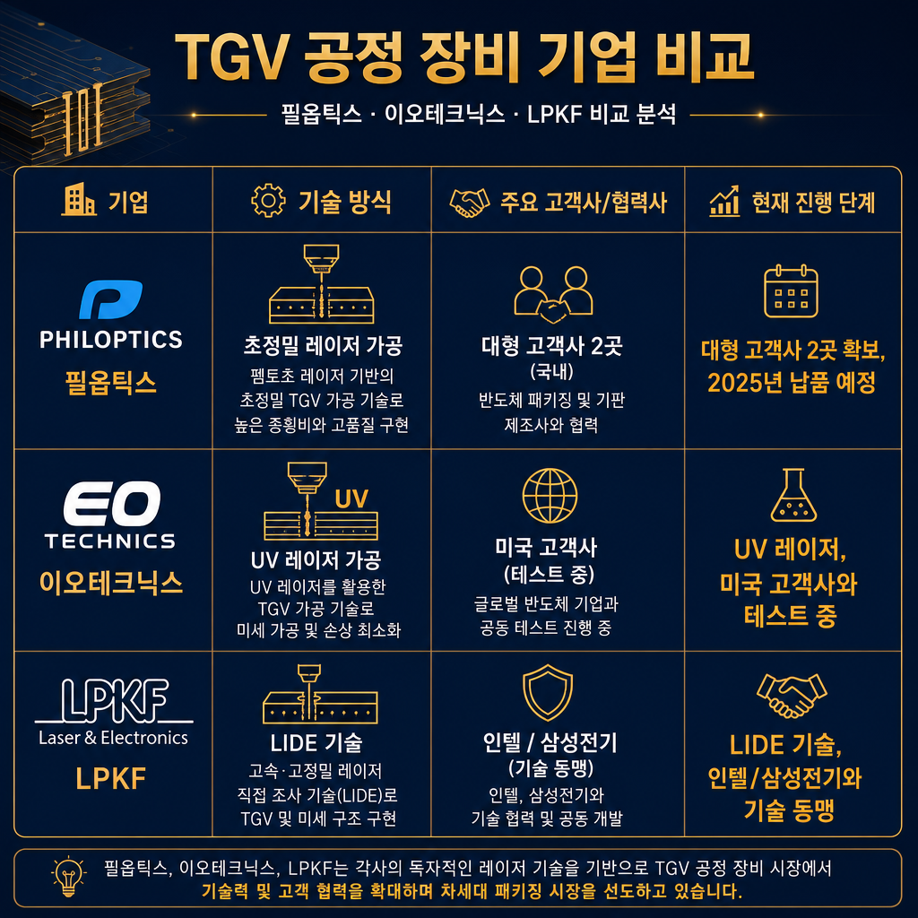 TGV 공정 장비 3사(필옵틱스, 이오테크닉스, LPKF) 비교 테이블. 각 기업별로 '기술 방식', '주요 고객사/협력사', '현재 진행 단계'를 정리. 필옵틱스는 '대형 고객사 2곳 확보, 2025년 납품 예정', 이오테크닉스는 'UV 레이저, 미국 고객사와 테스트 중', LPKF는 'LIDE 기술, 인텔/삼성전기와 기술 동맹'으로 핵심 내용을 요약. 각 기업 로고를 작게 삽입.