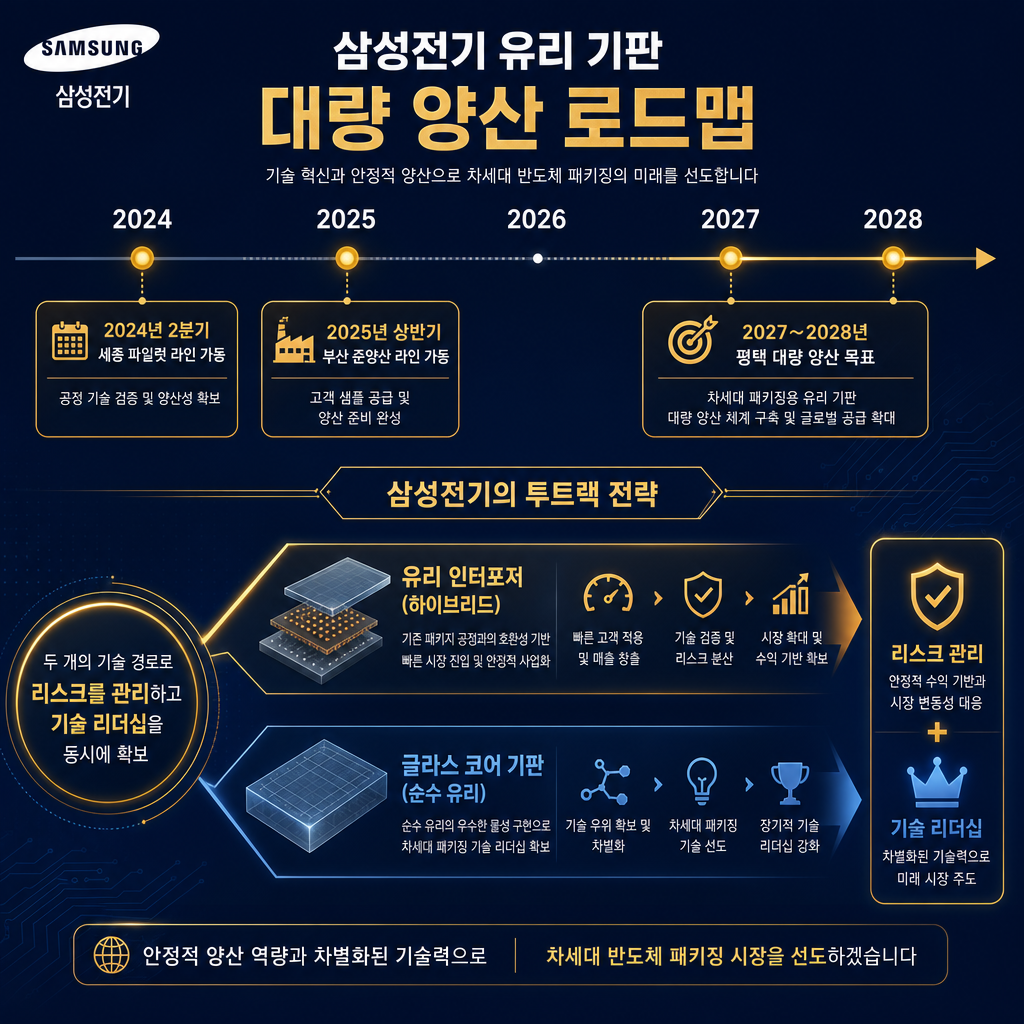 삼성전기의 유리기판 양산 로드맵을 시각화한 타임라인 인포그래픽. X축은 2024년부터 2028년까지의 연도. 주요 마일스톤을 amber 컬러 점으로 표시: '2024년 2분기: 세종 파일럿 라인 가동', '2025년 상반기: 부산 준양산 라인 가동', '2027~2028년: 평택 대량 양산 목표'. 타임라인 아래에는 삼성전기의 '투트랙 전략'을 두 개의 갈래길로 표현. 하나는 '유리 인터포저 (하이브리드)', 다른 하나는 '글라스 코어 기판 (순수 유리)'. 이 두 전략이 리스크 관리와 기술 선도를 동시에 추구함을 보여줌.