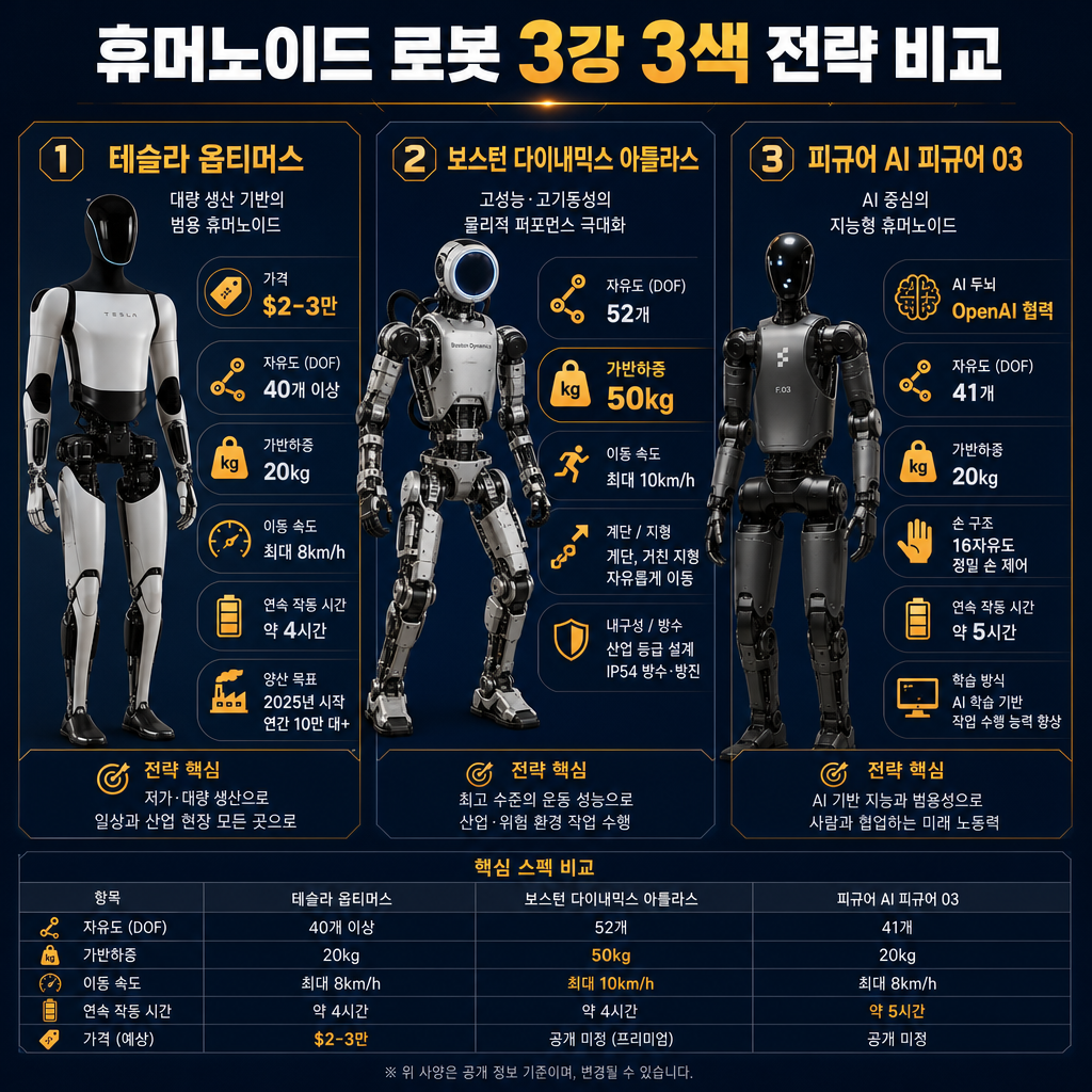 3대 휴머노이드 로봇 비교 인포그래픽. 제목: '휴머노이드 로봇 3강 3색 전략 비교'. 세로로 3개의 칸을 나누어 각각 '테슬라 옵티머스', '보스턴 다이내믹스 아틀라스', '피규어 AI 피규어 03' 배치. 각 칸에는 로봇 이미지와 함께 핵심 차별점을 아이콘과 수치로 요약. 옵티머스: '가격' 아이콘과 '$2-3만' 텍스트. 아틀라스: '가반하중' 아이콘과 '50kg' 텍스트. 피규어 03: 'AI 두뇌' 아이콘과 'OpenAI 협력' 텍스트. 각 로봇의 핵심 스펙(자유도, 가반하중 등)을 간결하게 비교. 배경은 navy, 강조점은 amber.