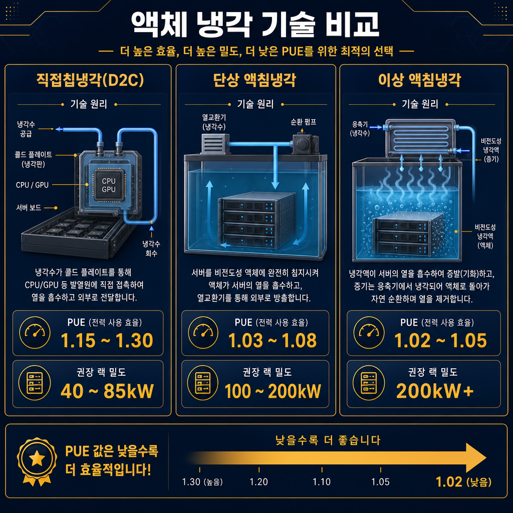 세 가지 액체냉각 기술을 비교하는 인포그래픽. '직접칩냉각(D2C)', '단상 액침냉각', '이상 액침냉각' 세 개의 칼럼으로 구성. 각 칼럼마다 (1) 원리를 설명하는 간단한 다이어그램, (2) 핵심 성능 지표인 PUE 수치(D2C: 1.15~1.30, 단상: 1.03~1.08, 이상: 1.02~1.05), (3) 권장 랙 밀도(D2C: 40~85kW, 단상: 100~200kW, 이상: 200kW+)를 명기. PUE 수치가 낮을수록 좋다는 점을 amber 컬러 화살표로 표시.