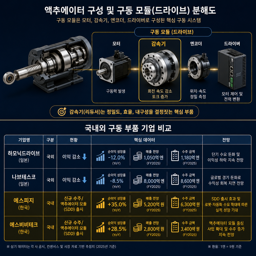 상단에 액추에이터 분해 구조 띠(모터+감속기+엔코더+드라이버=구동 모듈, 그중 감속기 강조). 그 아래 국내외 구동부품 기업 현황 비교표. 행은 기업명(하모닉드라이브, 나브테스코, 에스피지, 에스비비테크), 열은 '현황', '핵심 데이터', '전망'으로 구성. 하모닉/나브테스코 현황은 '이익 감소', 에스피지/에스비비테크는 '신규 수주/액추에이터 모듈(SDD) 출시'로 요약. 핵심 데이터 칸에는 각사의 순이익 증감률, 매출 전망치, 수주액 등을 기입. 네이비 배경에 앰버 컬러로 국내 기업의 긍정적 모멘텀을 강조.
