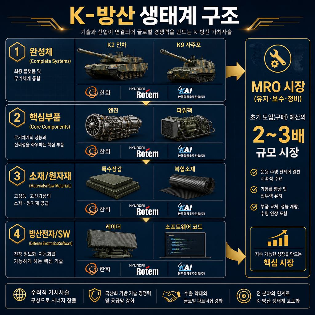 K-방산 밸류체인을 4단계로 도식화한 인포그래픽. 'K-방산 생태계 구조'라는 제목. 위에서부터 아래로 (1)완성체(K2전차, K9자주포 아이콘), (2)핵심부품(엔진, 파워팩 아이콘), (3)소재/원자재(특수장갑, 복합소재 아이콘), (4)방산전자/SW(레이더, 소프트웨어 코드 아이콘) 순서로 배치. 각 단계별 주요 기업 로고(한화, 현대로템, KAI 등)를 작게 표기. MRO 시장이 초기 도입 예산의 2-3배 규모라는 점을 화살표와 텍스트로 강조.