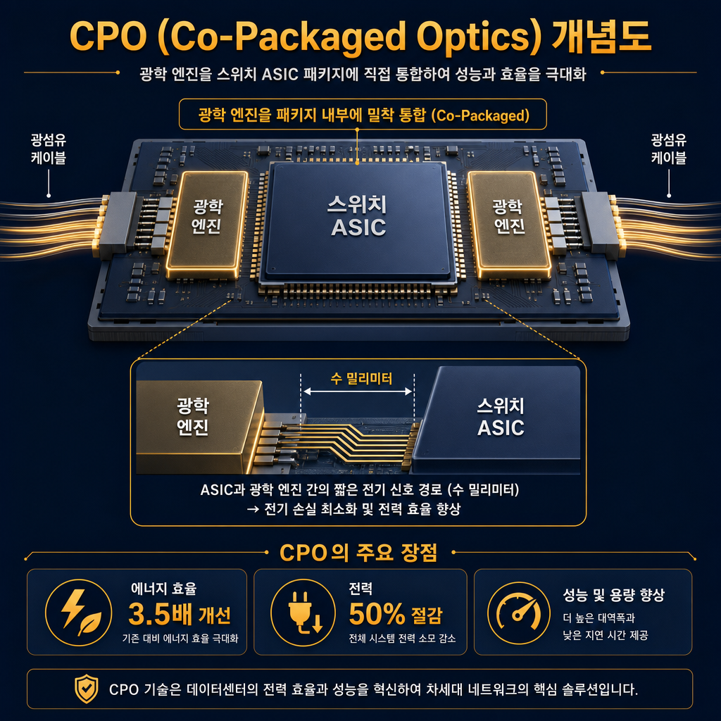 CPO(공동 패키징 광학)의 개념을 명확히 보여주는 기술 다이어그램. 중앙에 큰 스위치 ASIC 칩이 있고, 그 양옆에 '광학 엔진(Optical Engine)' 칩렛이 바로 붙어 있는 모습을 확대해서 보여줌. ASIC과 광학 엔진 사이의 전기 신호 경로를 '수 밀리미터'로 짧게 표시. 패키지 밖으로는 바로 광섬유 케이블이 연결되는 모습을 시각화. 하단에 '에너지 효율 3.5배 개선', '전력 50% 절감' 등의 핵심 장점을 amber 컬러로 기재.