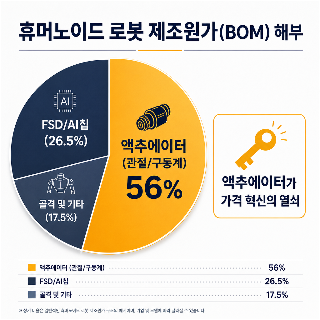 '휴머노이드 로봇 제조원가(BOM) 해부'라는 제목의 파이 차트. 전체 파이 차트에서 가장 큰 조각(56%)을 amber 색으로 강조하고 '액추에이터 (관절/구동계)'라고 명시. 나머지 조각들은 navy/slate gray 톤으로 처리하고 'FSD/AI칩 (26.5%)', '골격 및 기타 (17.5%)' 등으로 표기. 차트 옆에는 '액추에이터가 가격 혁신의 열쇠'라는 핵심 메시지를 간결하게 텍스트로 추가.