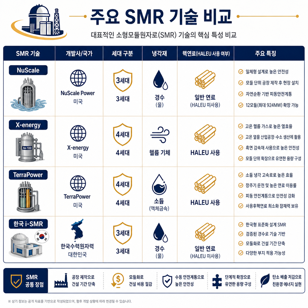 주요 SMR 노형 기술 비교표. NuScale, X-energy, TerraPower, 한국 i-SMR 4개 노형을 행으로 배치. 열에는 '개발사/국가', '세대 구분', '냉각재', '핵연료(HALEU 사용 여부)'를 비교. NuScale/i-SMR은 '3세대/경수(물)/일반 연료', X-energy는 '4세대/헬륨 기체/HALEU', TerraPower는 '4세대/소듐(액체금속)/HALEU'로 명확히 구분. 각 기술의 핵심 특징을 아이콘과 짧은 설명으로 요약. 모든 텍스트는 한글로 작성.