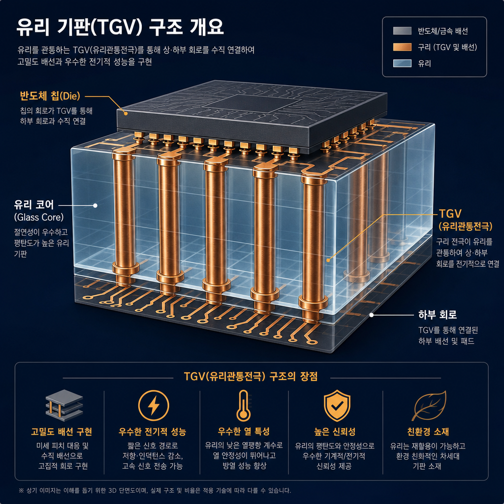 유리기판의 단면 구조를 보여주는 3D 다이어그램. 투명한 유리 기판(Glass Core)을 수직으로 관통하는 여러 개의 구리 기둥(TGV)이 선명하게 보임. 유리 기판 위에는 반도체 칩(Die)이 올라가 있고, TGV를 통해 칩의 회로와 기판 하단의 회로가 연결되는 모습이 시각화되어 있음. 주요 구성 요소에 '반도체 칩(Die)', '유리 코어(Glass Core)', 'TGV(유리관통전극)' 등의 한글 라벨이 붙어 있음.