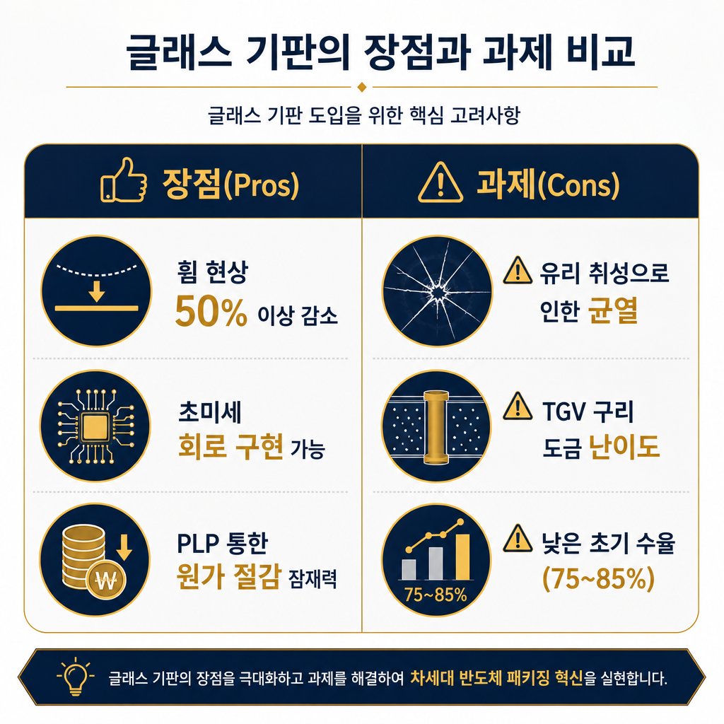 유리기판의 장점과 과제를 한눈에 비교하는 인포그래픽. 표를 두 개의 열로 나누어 왼쪽에는 '장점(Pros)', 오른쪽에는 '과제(Cons)'를 배치함. '장점' 열에는 '휨 현상 50% 이상 감소', '초미세 회로 구현 가능', 'PLP 통한 원가 절감 잠재력' 항목이 아이콘과 함께 나열됨. '과제' 열에는 '유리 취성으로 인한 균열', 'TGV 구리 도금 난이도', '낮은 초기 수율 (75~85%)' 항목이 경고 아이콘과 함께 나열됨.