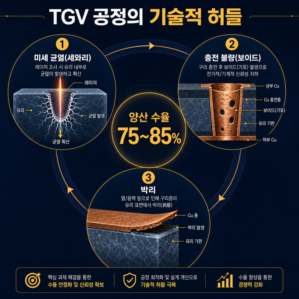 TGV 공정의 3대 난제를 시각화한 다이어그램. 'TGV 공정의 기술적 허들' 제목 아래 3개 섹션을 원형 배치. (1) '미세 균열(세와리)' 레이저가 유리를 뚫을 때 균열이 퍼지는 모습. (2) '충전 불량(보이드)' 구리로 채운 Via 내부에 빈 공간이 있는 단면도. (3) '박리' 유리 표면에서 구리층이 벗겨지는 모습. 중앙에 '양산 수율 75~85%'를 amber로 크게 삽입. 모든 텍스트 한글.