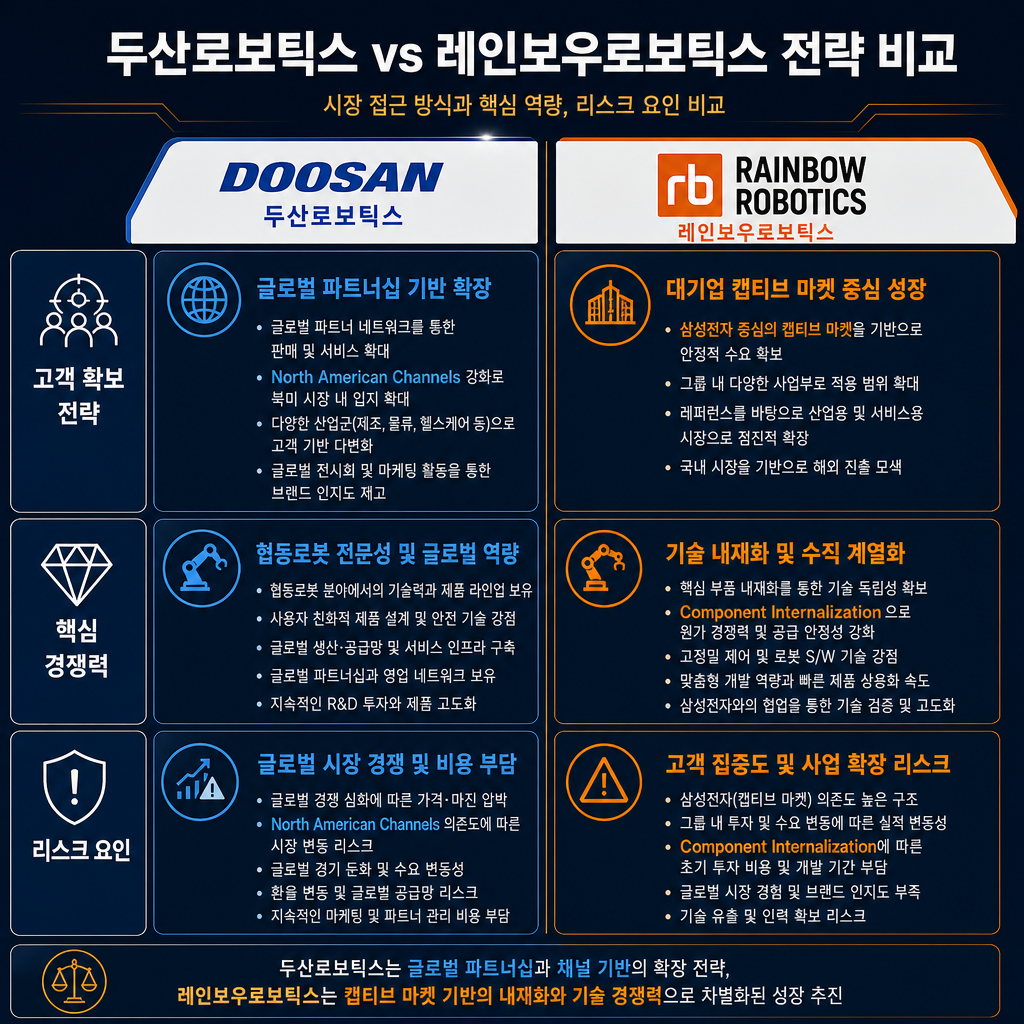 두산로보틱스 vs 레인보우로보틱스 전략 비교 인포그래픽. 두 기업을 좌우로 배치하고 '고객 확보 전략', '핵심 경쟁력', '리스크 요인'을 항목별로 비교. 두산은 '글로벌 파트너십', '북미 채널'을, 레인보우는 '삼성전자(캡티브 마켓)', '부품 내재화'를 키워드로 제시. 네이비 배경, 각 사의 로고 색상이나 앰버를 활용해 시각적으로 구분.