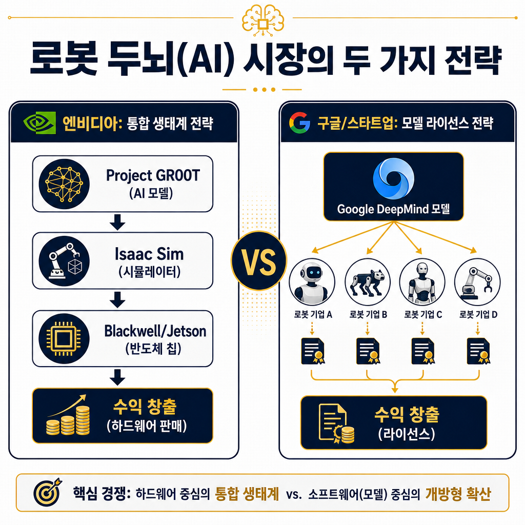 로봇 AI 소프트웨어 시장의 경쟁 구도를 보여주는 다이어그램. 제목: '로봇 두뇌(AI) 시장의 두 가지 전략'. 왼쪽에는 '엔비디아: 통합 생태계 전략' 박스를 배치. 박스 안에는 'Project GR00T (AI 모델)', 'Isaac Sim (시뮬레이터)', 'Blackwell/Jetson (반도체 칩)' 컴포넌트들이 화살표로 연결되어 '수익 창출 (하드웨어 판매)'로 귀결되는 흐름도를 시각화. 오른쪽에는 '구글/스타트업: 모델 라이선스 전략' 박스를 배치. 박스 안에는 'Google DeepMind 모델' 아이콘이 여러 로봇 회사(아이콘으로 표현)로 화살표를 통해 퍼져나가며 '수익 창출 (라이선스)'로 이어지는 모습을 시각화. 두 전략 박스 사이에 'VS' 텍스트를 넣어 경쟁 구도를 강조.