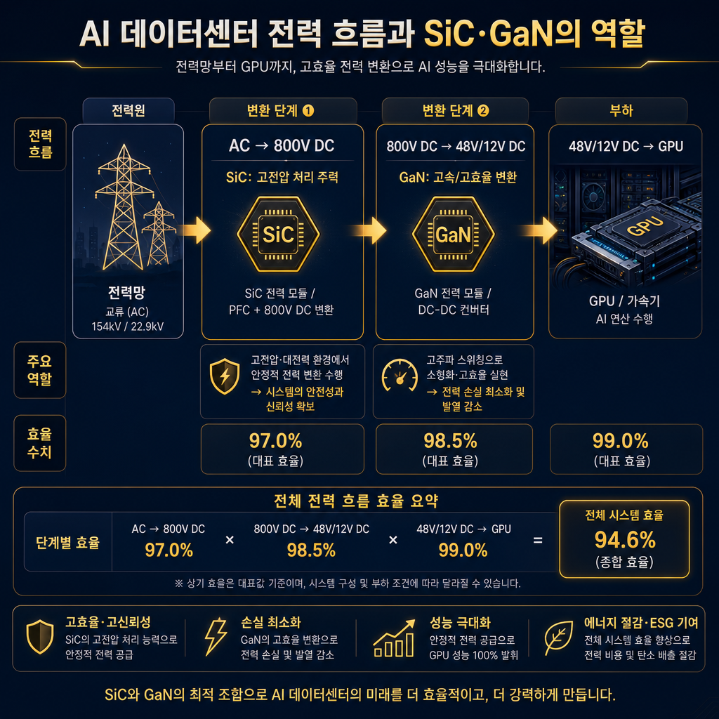'AI 데이터센터 내 SiC와 GaN의 역할 분담' 다이어그램. '전력망(Grid)'에서 'GPU'까지 이어지는 전력 흐름도를 그리고, 주요 변환 단계를 표시. 'Grid → 800V DC' 변환 단계에는 'SiC: 고전압 처리 주력'이라는 설명과 함께 SiC 아이콘을 배치. '800V DC → 48V/12V DC' 변환 단계에는 'GaN: 고속/고효율 변환'이라는 설명과 GaN 아이콘을 배치. 각 단계별 효율 수치를 함께 표기.