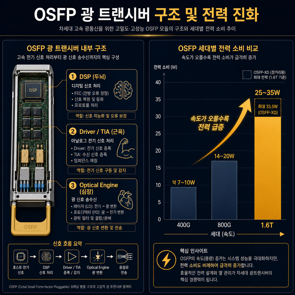 광 트랜시버의 내부 구조와 성능 진화 과정을 설명하는 인포그래픽. 좌측에는 OSFP 형태의 광 트랜시버 모듈 사진과 함께, 그 내부를 분해한 다이어그램을 배치. 다이어그램에는 'DSP(두뇌)', '광학 엔진(심장)', '드라이버/TIA(신경/근육)'으로 각 부품의 역할을 비유적으로 설명. 우측에는 '속도와 전력 소모의 진화'라는 제목의 라인 그래프를 통해 400G, 800G, 1.6T로 속도가 증가함에 따라 모듈당 전력 소모량(W)이 어떻게 가파르게 상승하는지를 시각적으로 보여줌 (X축: 속도, Y축: 전력소모).