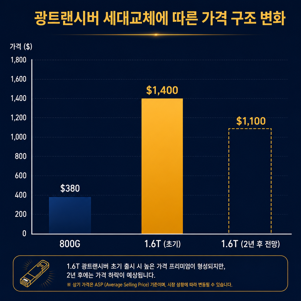 800G와 1.6T 광트랜시버의 평균판매단가(ASP)를 비교하는 막대그래프. X축에 '800G'와 '1.6T (초기)', '1.6T (2년 후 전망)'를 표시. Y축은 달러($). 800G 막대는 약 $380, 1.6T(초기) 막대는 약 $1,400으로 표시하고 amber 색상으로 강조. 1.6T(2년 후 전망) 막대는 점선으로 약 $1,100 수준을 표시. 그래프 제목은 '광트랜시버 세대교체에 따른 가격 구조 변화'.